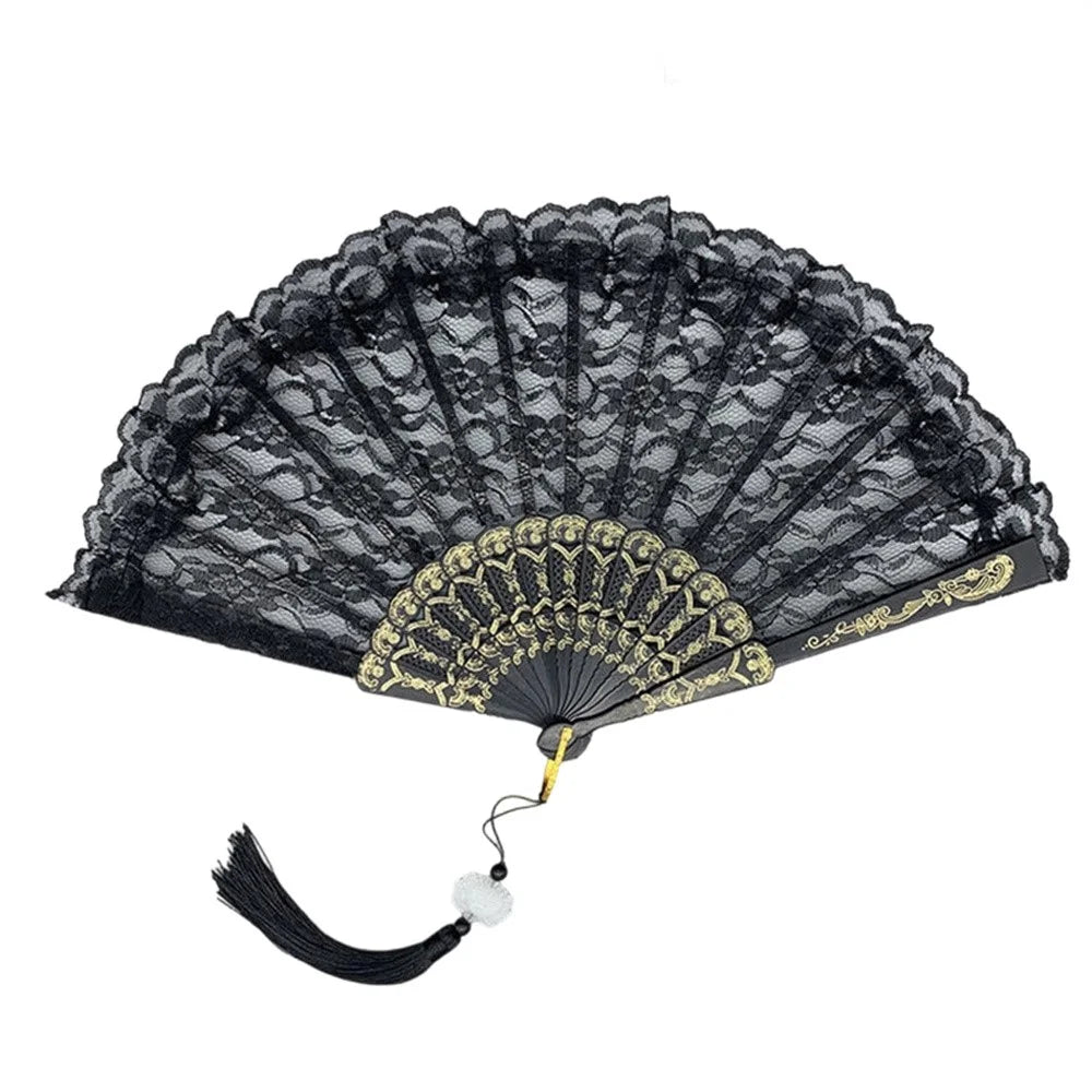 European Vintage Lace Folding Fan Women Dance Performance Photography Prop Decorative Hand Fan with Tassel - Black - 1