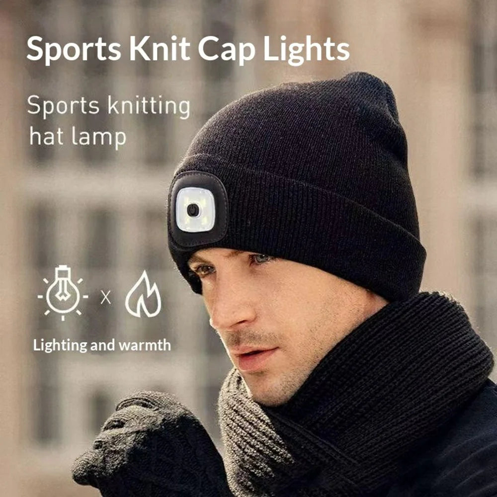 Detachable 4 LEDs Light Knit Beanie Hat Rechargeable Fleece Lined Warm Folded Brim Cap For Outdoor Use - Dark Grey - 2