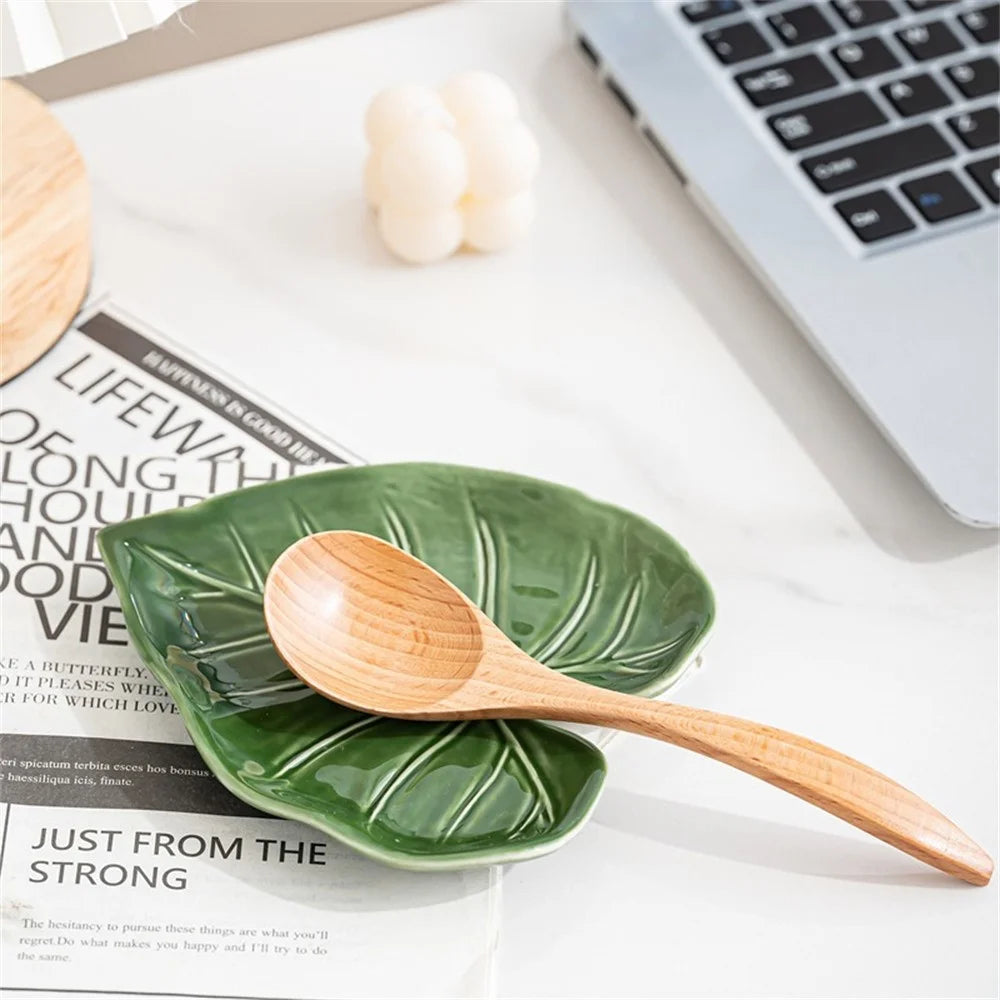 Creative Leaf Shape Ceramic Spoon Rest Dish Kitchen Utensil Holder Decorative Bowl - Green - 2