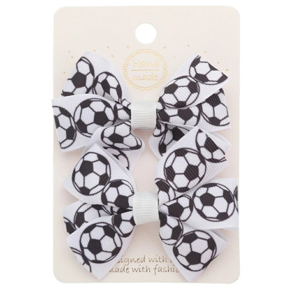 2 Pcs Sports Hair Accessories Football Print Bow Hair Clips Soccer Fan Headwear - White  /  Black - 1