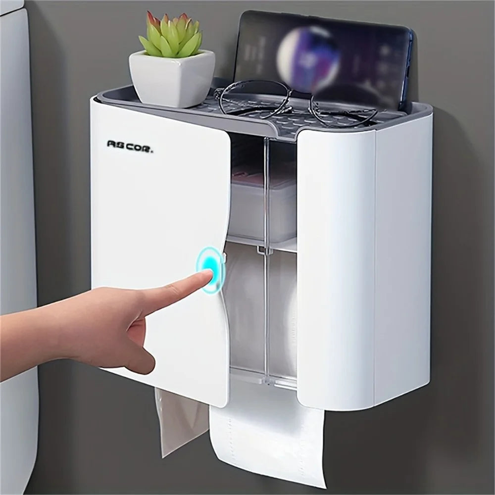 Punch Free Wall Mounted Toilet Paper Holder Bathroom Tissue Dispenser Storage Organizer Box - White - 2