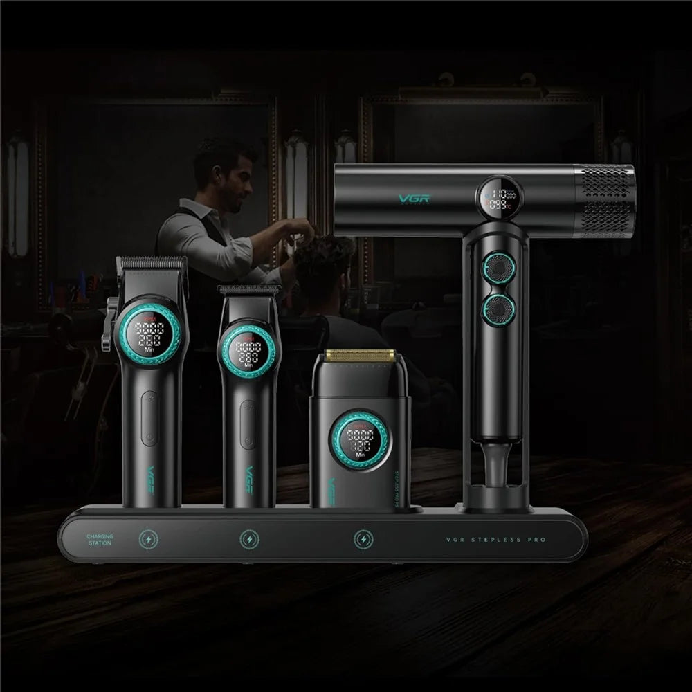 VGR 4 in 1 Professional Barber Combo Hair Clipper Beard Trimmer Foil Shaver Hair Dryer Set with Charging Dock - EU Plug / Black - 7