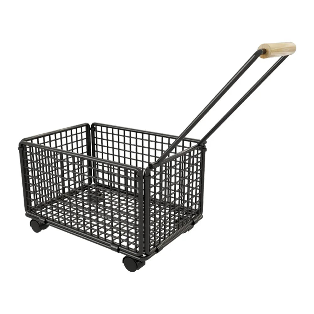 Size M Shopping Cart with Wheels Heavy Duty Iron Grocery Cart Market Trolley with Wooden Handle - Black - 1