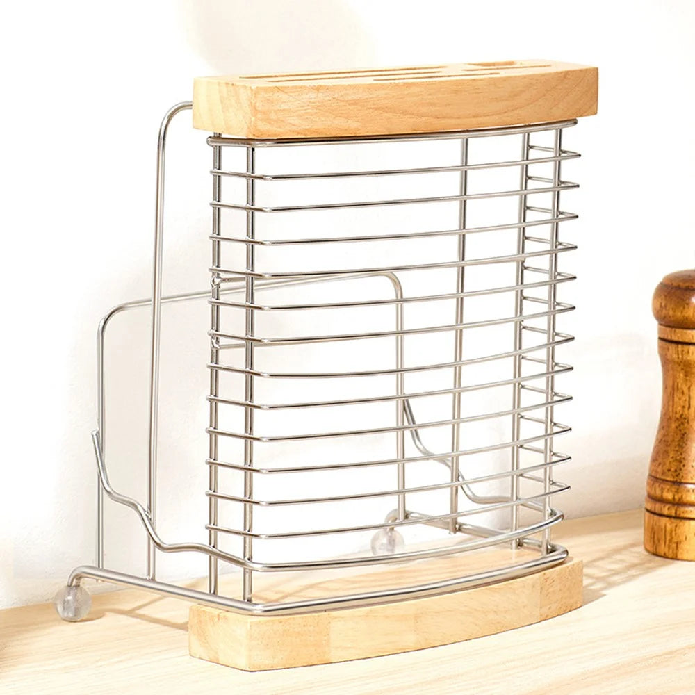Stainless Steel Oak Knife Block Kitchen Knife Holder Storage Rack with Cutting Board Organizer Stand - 6