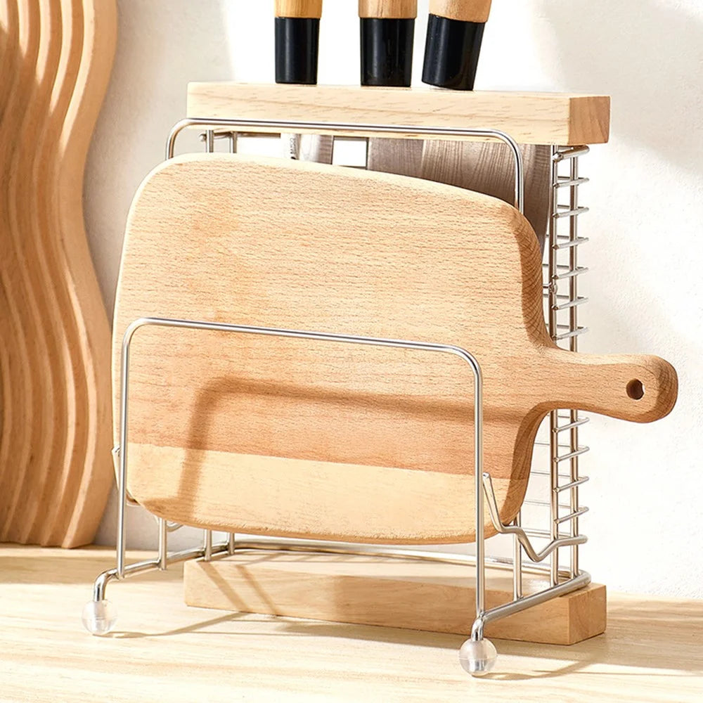Stainless Steel Oak Knife Block Kitchen Knife Holder Storage Rack with Cutting Board Organizer Stand - 7
