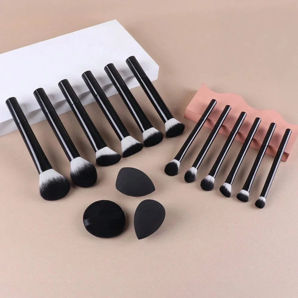 12Pcs Makeup Cosmetic Brush Set with 3 Puff Sponges Professional Long Handle Beauty Tools for Foundation Powder - Black - 3