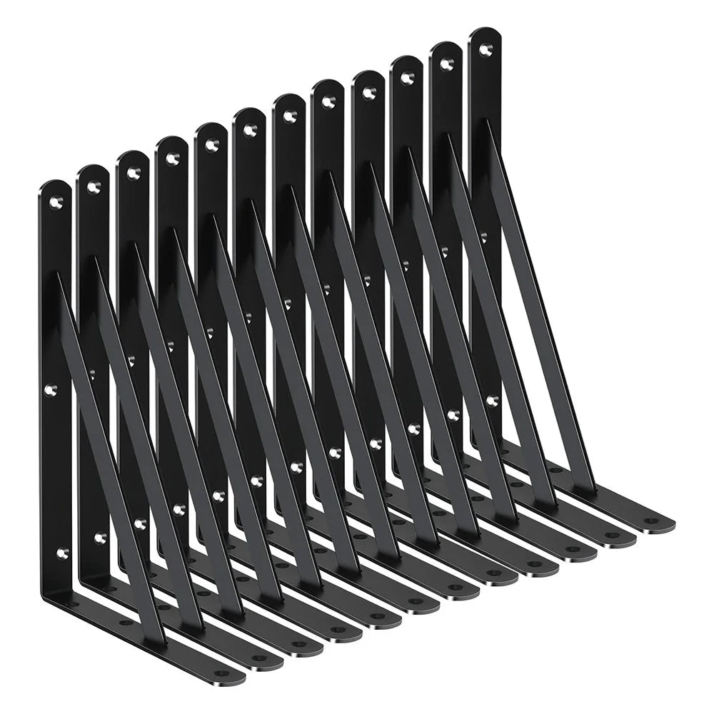 12Pcs 30x19cm Metal Wall Shelf Brackets Heavy Duty Triangle Support for DIY Home Kitchen Garage - Black - 1