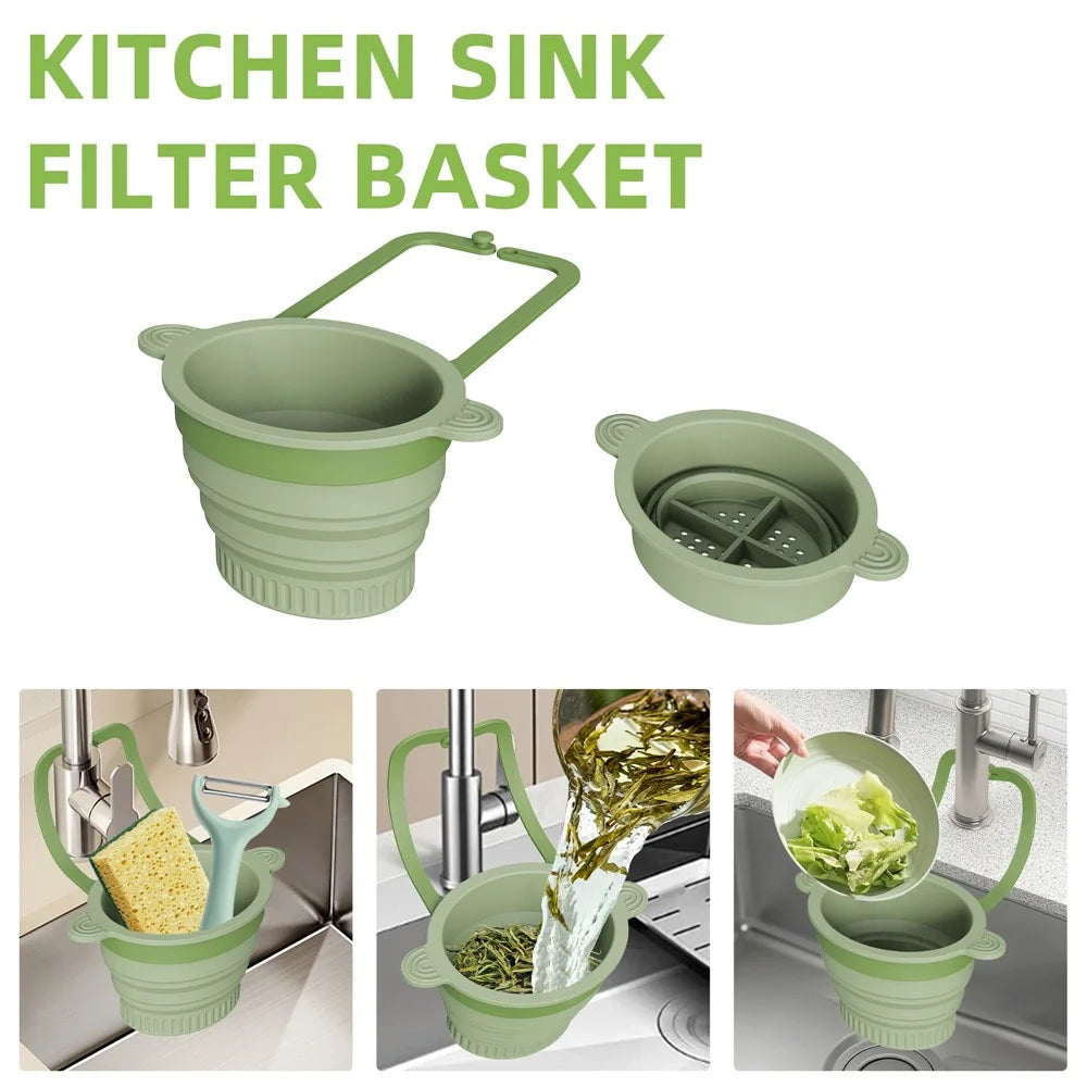 Kitchen Sink Filter Basket Foldable Collapsible Silicone Strainer Food Waste Collector Drain Basket - Green - 2