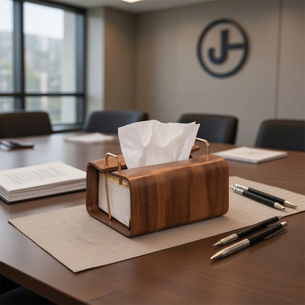 Retro Wooden Tissue Box Desktop Paper Dispenser with Metal Handles for Home Hotel Office - Square - 3
