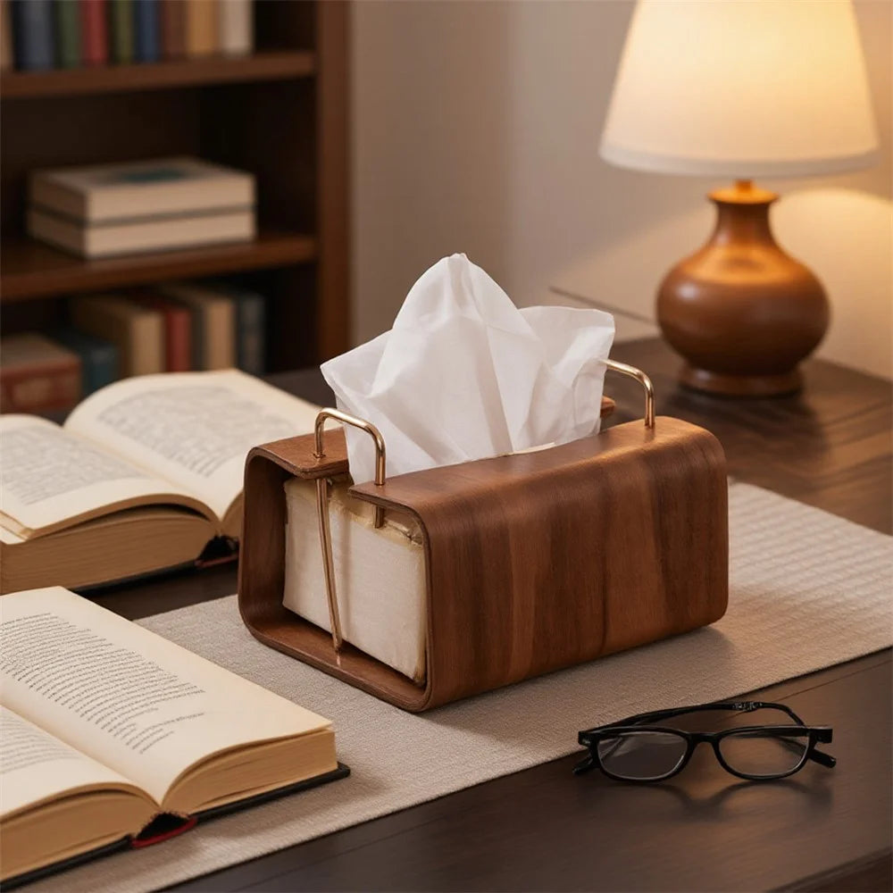 Retro Wooden Tissue Box Desktop Paper Dispenser with Metal Handles for Home Hotel Office - Square - 4