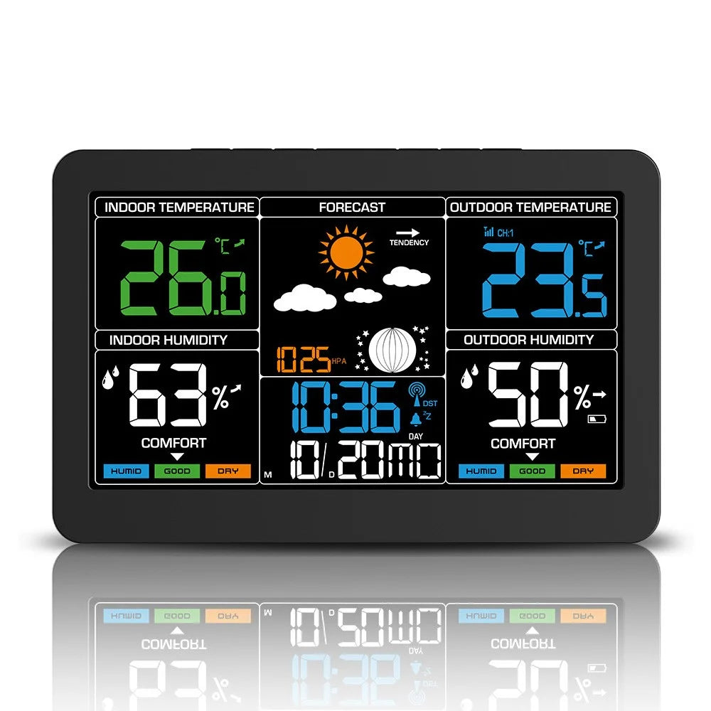 Large Color Screen Weather Clock RF Wireless Digital Alarm Clock with Temperature Humidity Meter 4-Level Weather Forecast - 1