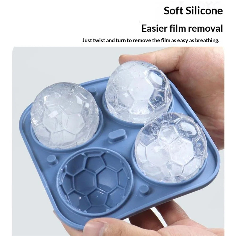 4-Grid Soccer Ball Shaped Silicone Ice Cube Mold Tray Football Shaped Food Grade Sphere Ice Maker with Lid for Drinks (BPA-Free, FDA Certified) - Blue - 3