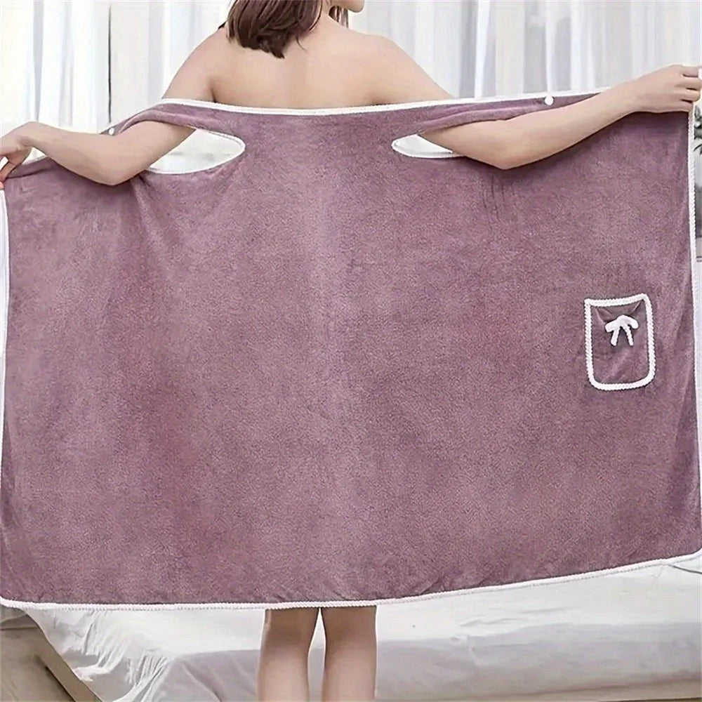 135x80cm Thickened Coral Fleece Bath Robe Absorbent Wearable Towel Wrap Bath Dress for Bathroom Home - Deep Pink - 2