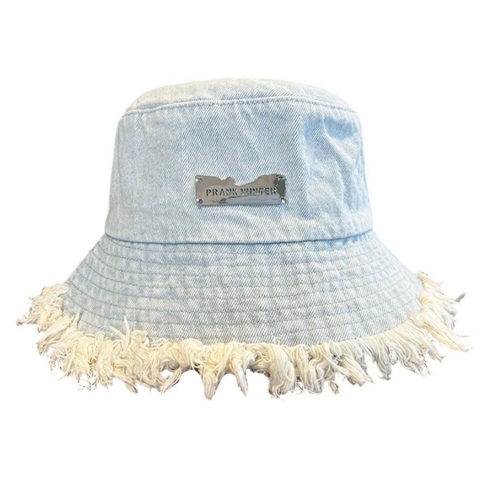 Women Denim Bucket Hat Washed Distressed Frayed Edge Sun Protection Face Slimming Fisherman Hat for Outdoor Spring Summer - Baby Blue - 1