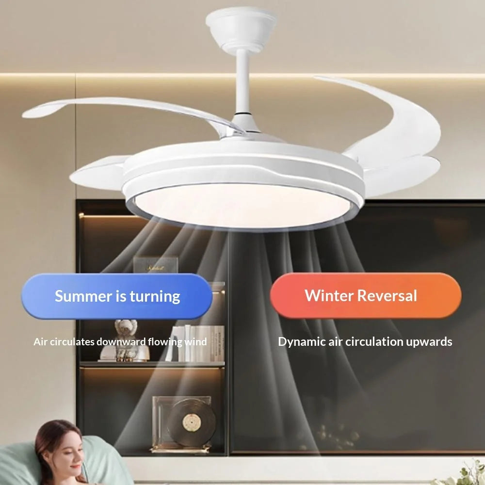 42 Inch Invisible Ceiling Fan Light 96W Dimmable 3 Color Temperature Quiet LED Lamp for Living Room Bedroom - Round  /  White - 3