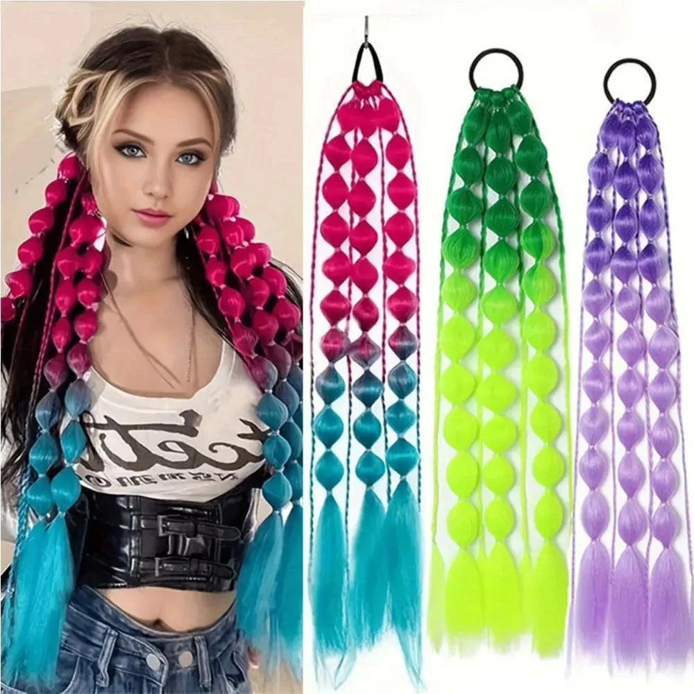 Gradient Bubble Ponytail Hair Extensions Long Braided Performance Wig for Stage Party Cosplay - Light Purple  /  White - 2