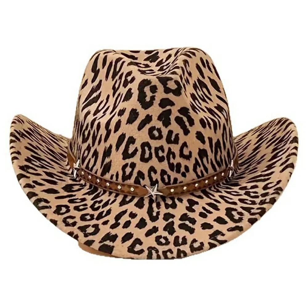 Leopard Print Western Cowboy Hat Jazz Hat with Studded Star Metal Decoration for Women Outdoor Fashion - 1