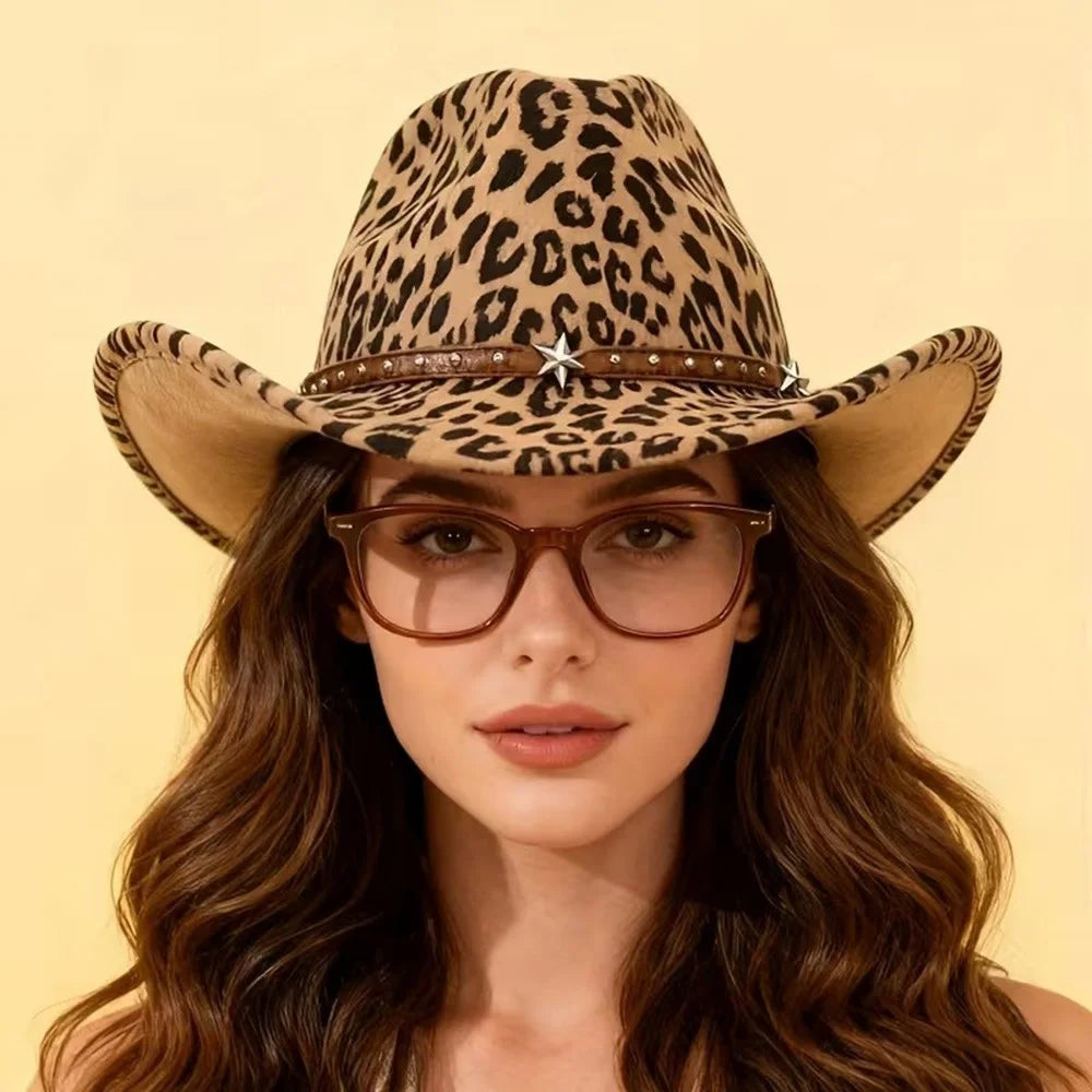 Leopard Print Western Cowboy Hat Jazz Hat with Studded Star Metal Decoration for Women Outdoor Fashion - 2