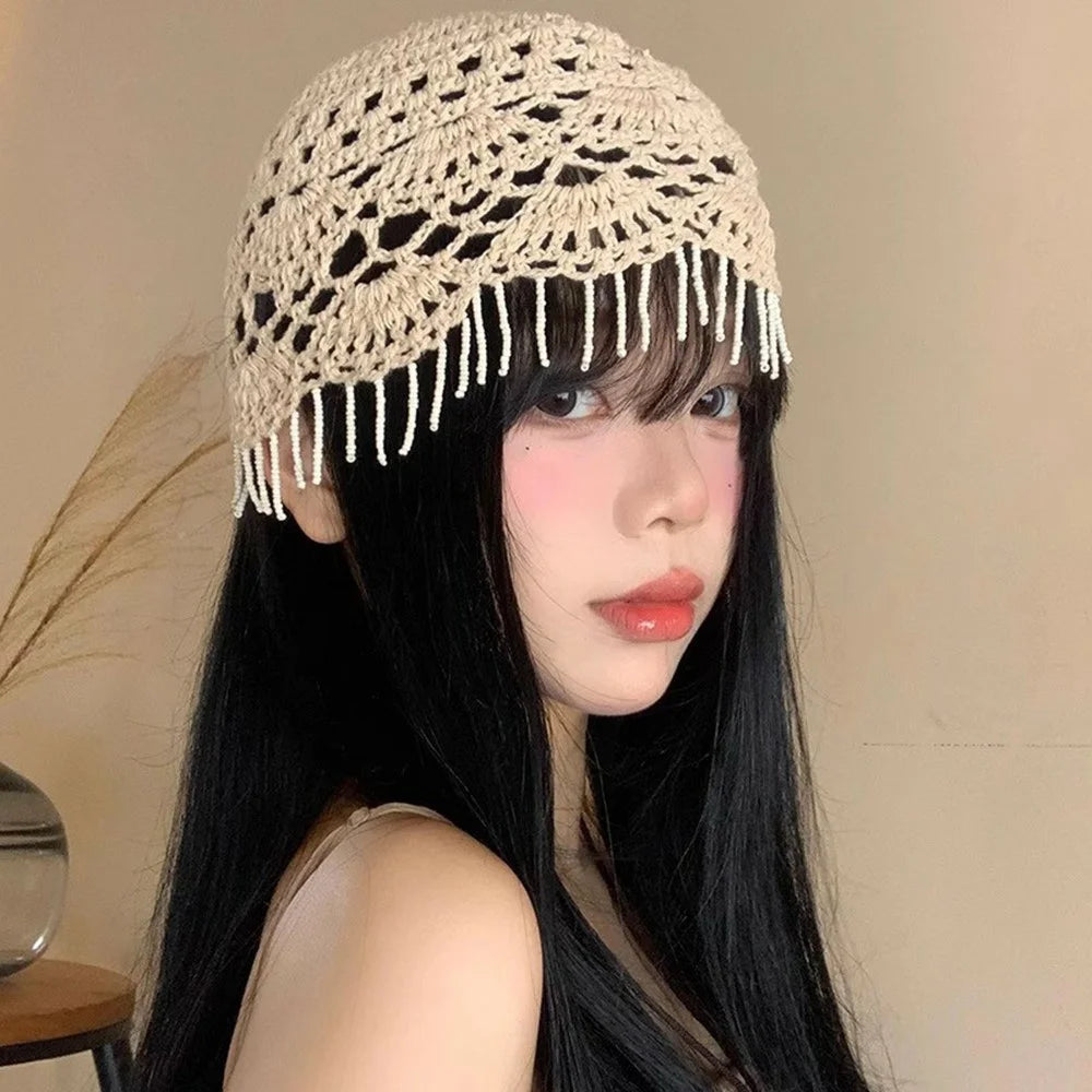 Women's Handmade Crochet Beanie Cap Face Slimming Head Covering Openwork Fringe Knit Hat for Daily Fashion - Beige - 2
