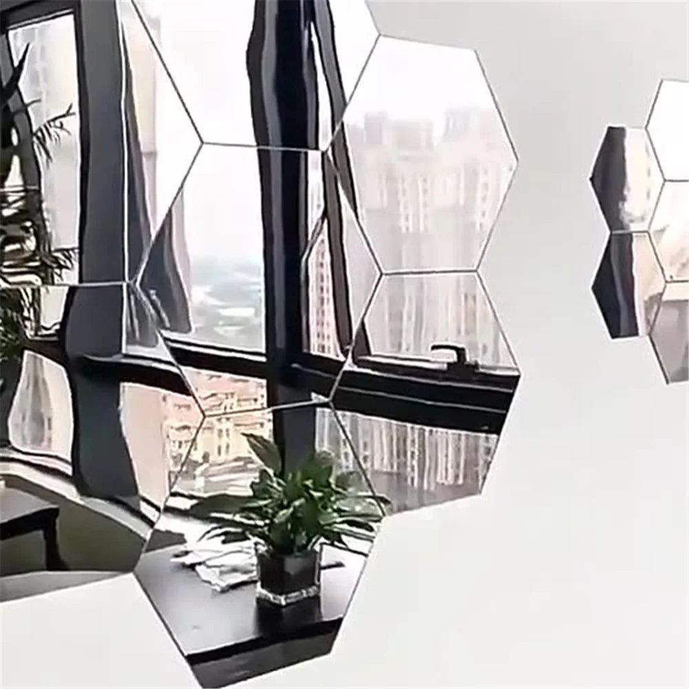 H01209 12Pcs 10 x 8.5 x 5cm Hexagon Mirror Wall Stickers Acrylic Mirror Set Wall Sticker Decal for Home Decor - Silver - 3