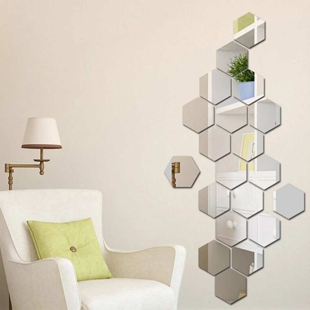 H01209 12Pcs 10 x 8.5 x 5cm Hexagon Mirror Wall Stickers Acrylic Mirror Set Wall Sticker Decal for Home Decor - Silver - 4