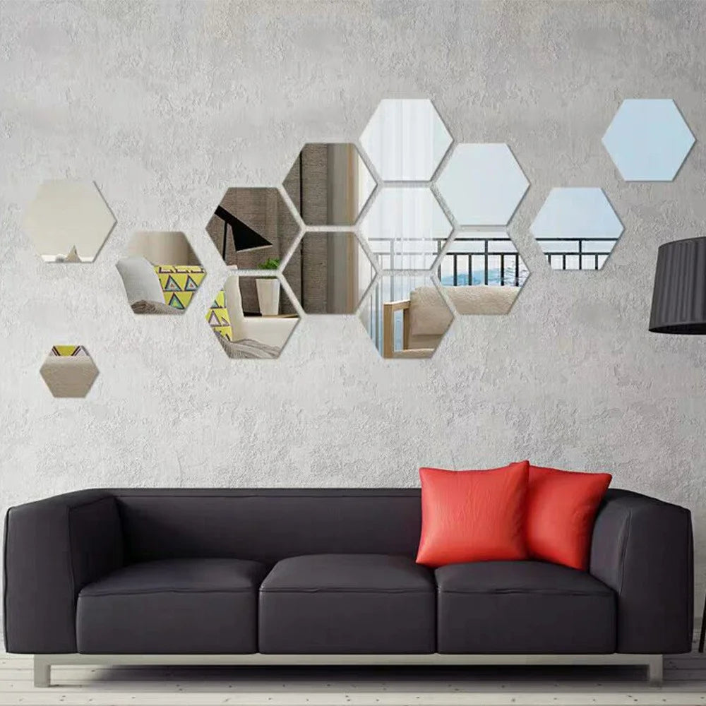 H01209 12Pcs 10 x 8.5 x 5cm Hexagon Mirror Wall Stickers Acrylic Mirror Set Wall Sticker Decal for Home Decor - Silver - 5