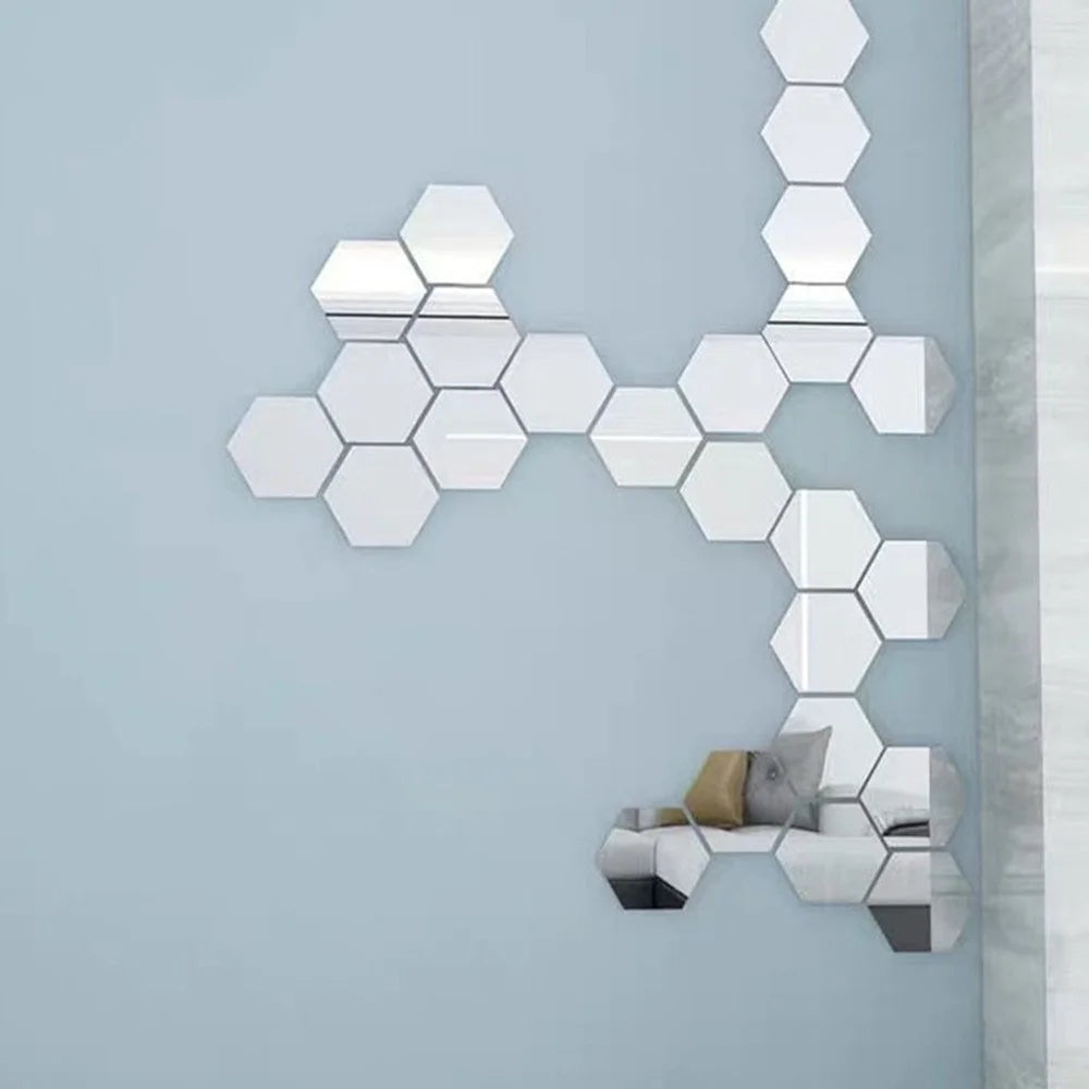 H01209 12Pcs 10 x 8.5 x 5cm Hexagon Mirror Wall Stickers Acrylic Mirror Set Wall Sticker Decal for Home Decor - Silver - 6
