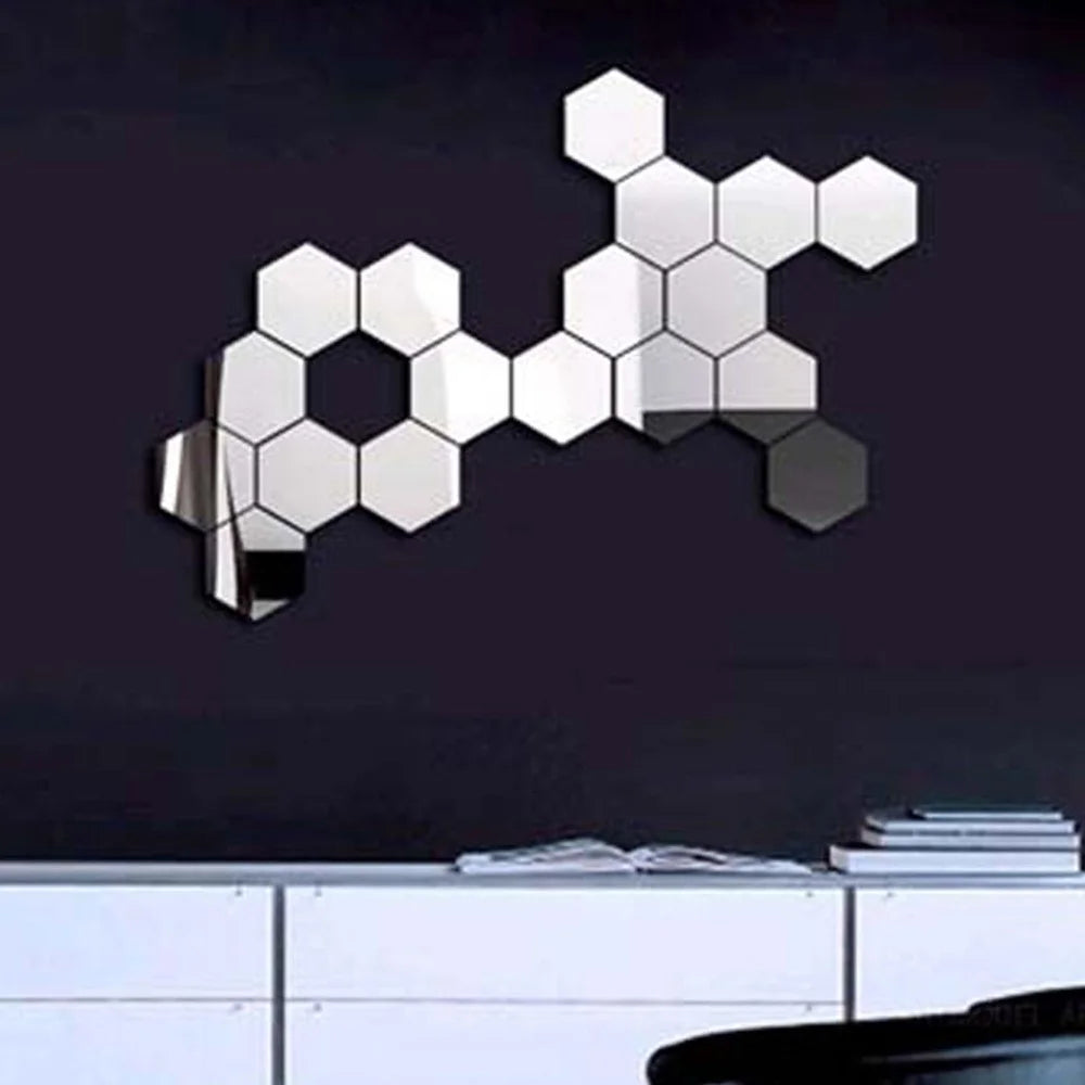 H01209 12Pcs 10 x 8.5 x 5cm Hexagon Mirror Wall Stickers Acrylic Mirror Set Wall Sticker Decal for Home Decor - Silver - 7