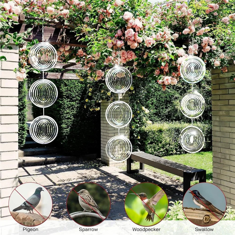 9Pcs 3D Stainless Steel Reflective Bird Scare Discs Wind Spinner Garden Decor for Outdoor Yard Orchard - 3