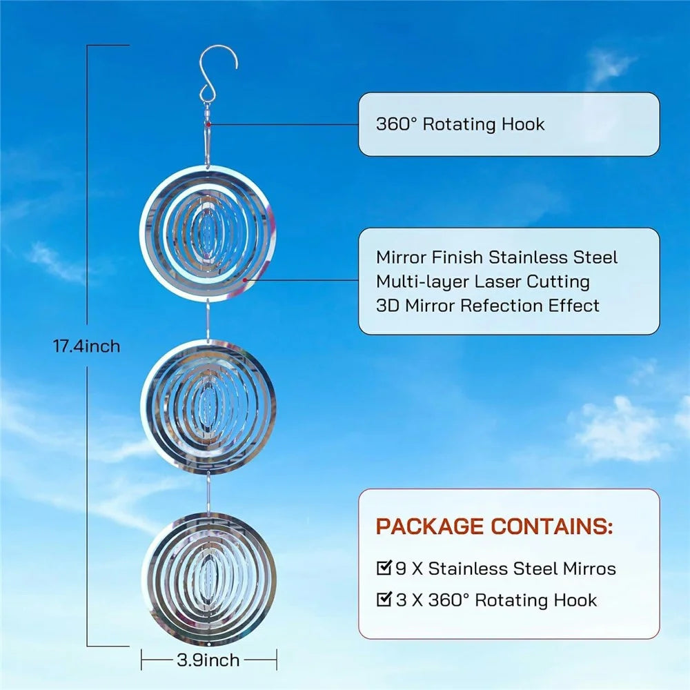 9Pcs 3D Stainless Steel Reflective Bird Scare Discs Wind Spinner Garden Decor for Outdoor Yard Orchard - 7