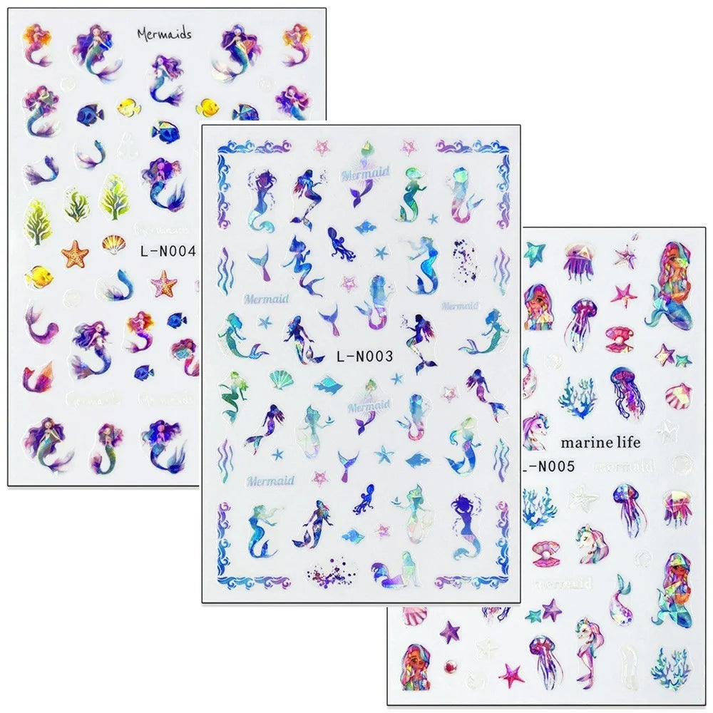 10.5x7cm Ocean Theme Nail Art Stickers Holographic Mermaid Tail Shell Starfish Waterproof Decals - L-N001 - 3