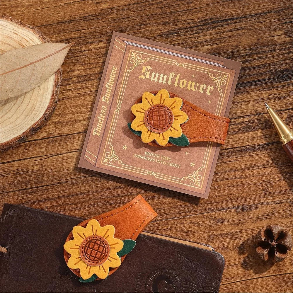 Magnetic Leather Bookmark Clips 10cm Vintage Book Page Markers PU Leather Book Clips Cute Reading Accessories - Sunflower - 2