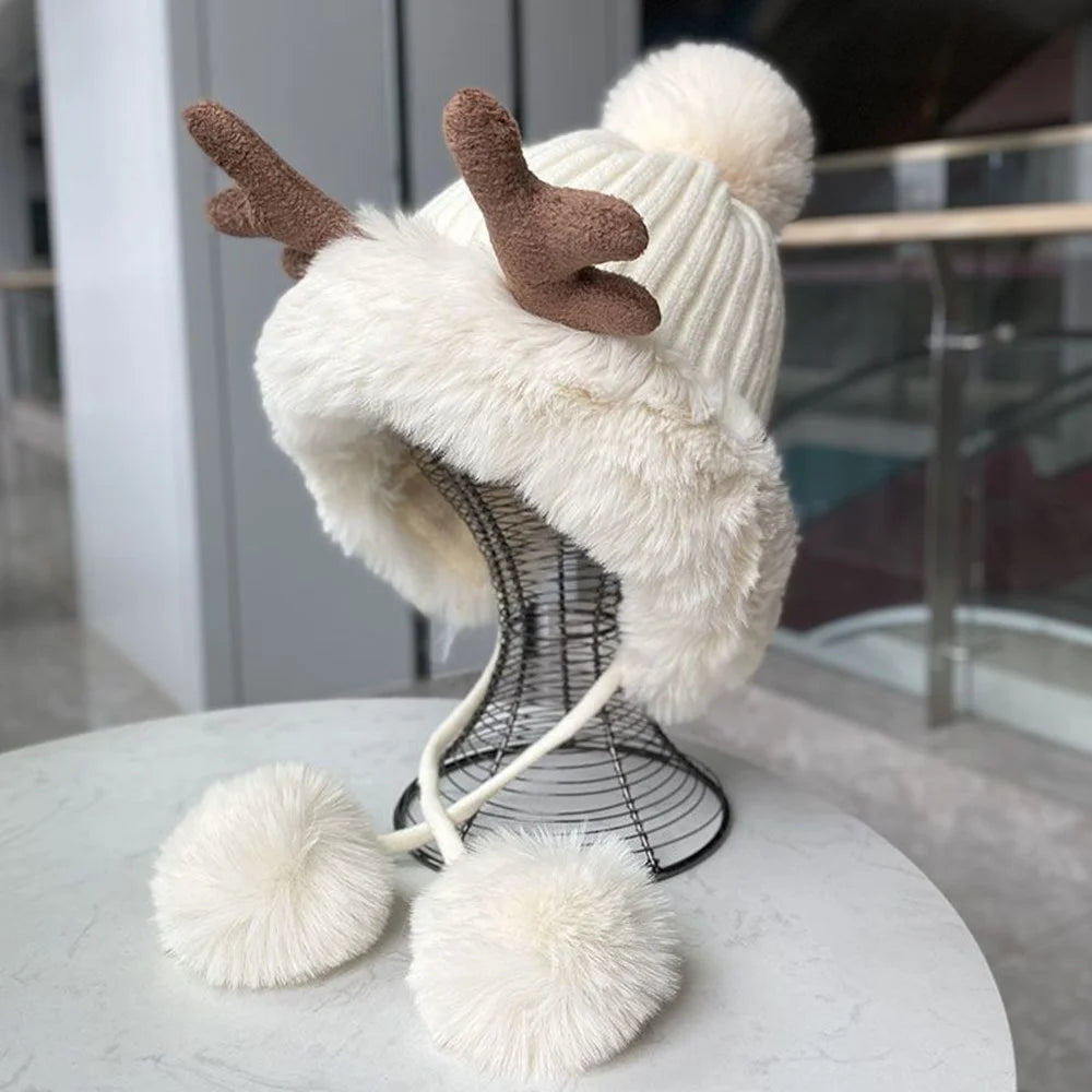 Women Winter Faux Fur Deer Ear Design Flap Hat Plush Ball Christmas Warm Skull Cap Knit Beanie Hat - White - 1