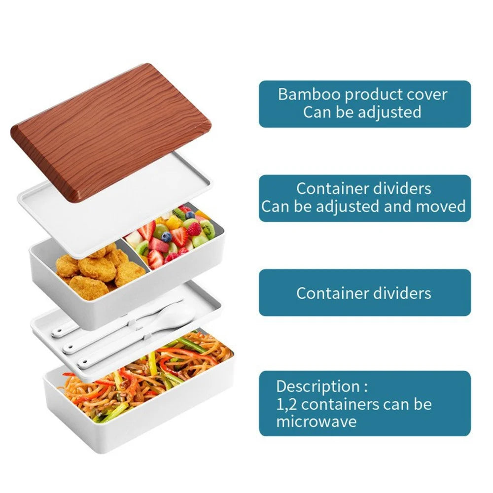 Double Layer Lunch Bento Box Portable Large Capacity Meal Prep Set with Bamboo Lid & Insulated Bag (BPA Free, No FDA) - Black - 2