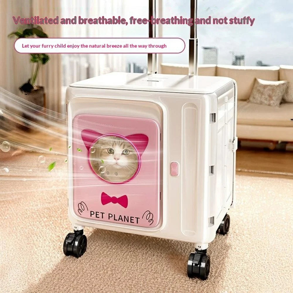 Pet Trolley Suitcase Foldable Portable 4-Wheels Transparent Breathable Cat Dog Carrier for Travel Outdoor - White  /  Pink - 4