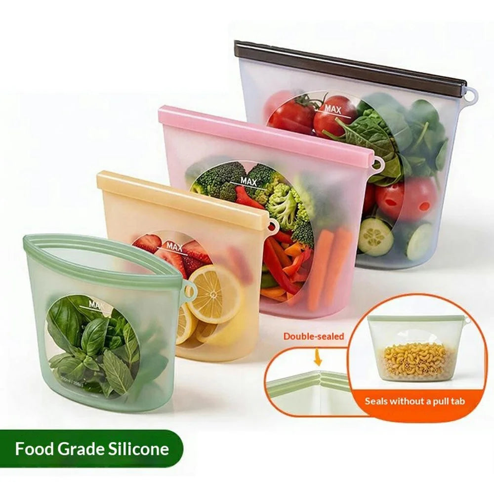 1000ml Food Grade Silicone Reusable Storage Bags Double Seal Microwave Freezer Safe Food Fresh-Keeping Sealing Pouch (BPA-Free, LFGB Certified) - Transparent - 2