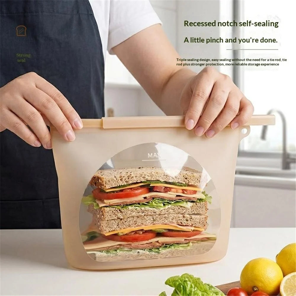 1000ml Food Grade Silicone Reusable Storage Bags Double Seal Microwave Freezer Safe Food Fresh-Keeping Sealing Pouch (BPA-Free, LFGB Certified) - Transparent - 3