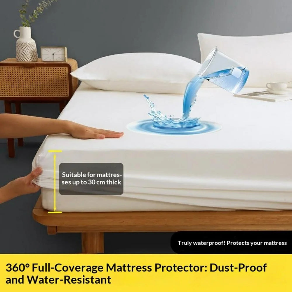 198x203cm Waterproof Mattress Protector Cover 360 Degree Full Coverage Washed Cotton Fitted Sheet - White - 2