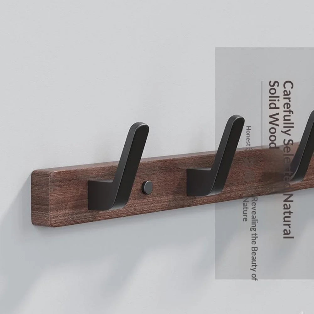 4-Hook Space Aluminum + Solid Wood Wall Mounted Hanger Rack Drill Free Installation for Bathroom Entryway - Walnut Wood+Black - 3