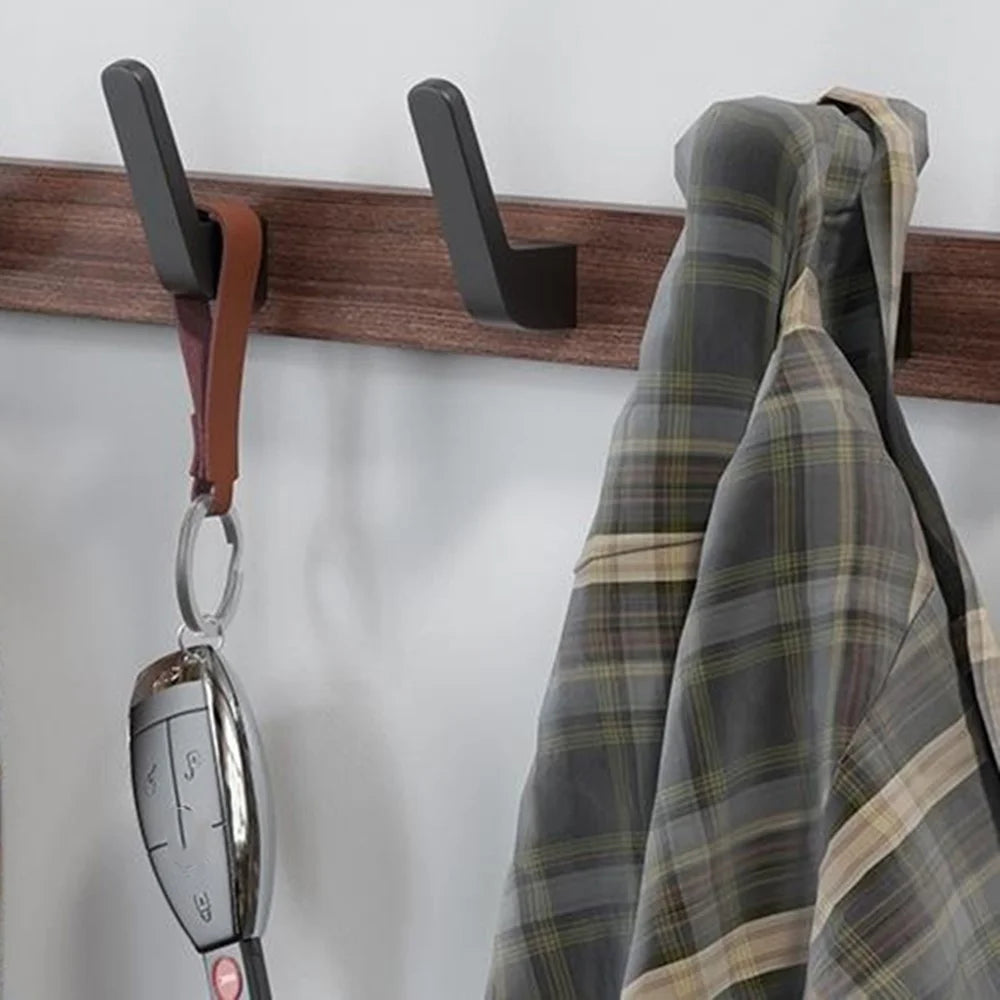 4-Hook Space Aluminum + Solid Wood Wall Mounted Hanger Rack Drill Free Installation for Bathroom Entryway - Walnut Wood+Black - 6