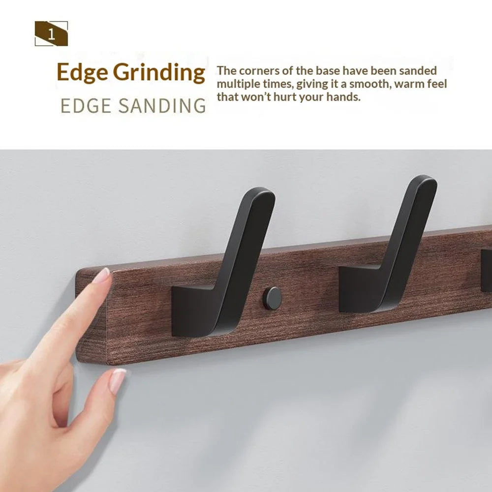 4-Hook Space Aluminum + Solid Wood Wall Mounted Hanger Rack Drill Free Installation for Bathroom Entryway - Walnut Wood+Black - 7