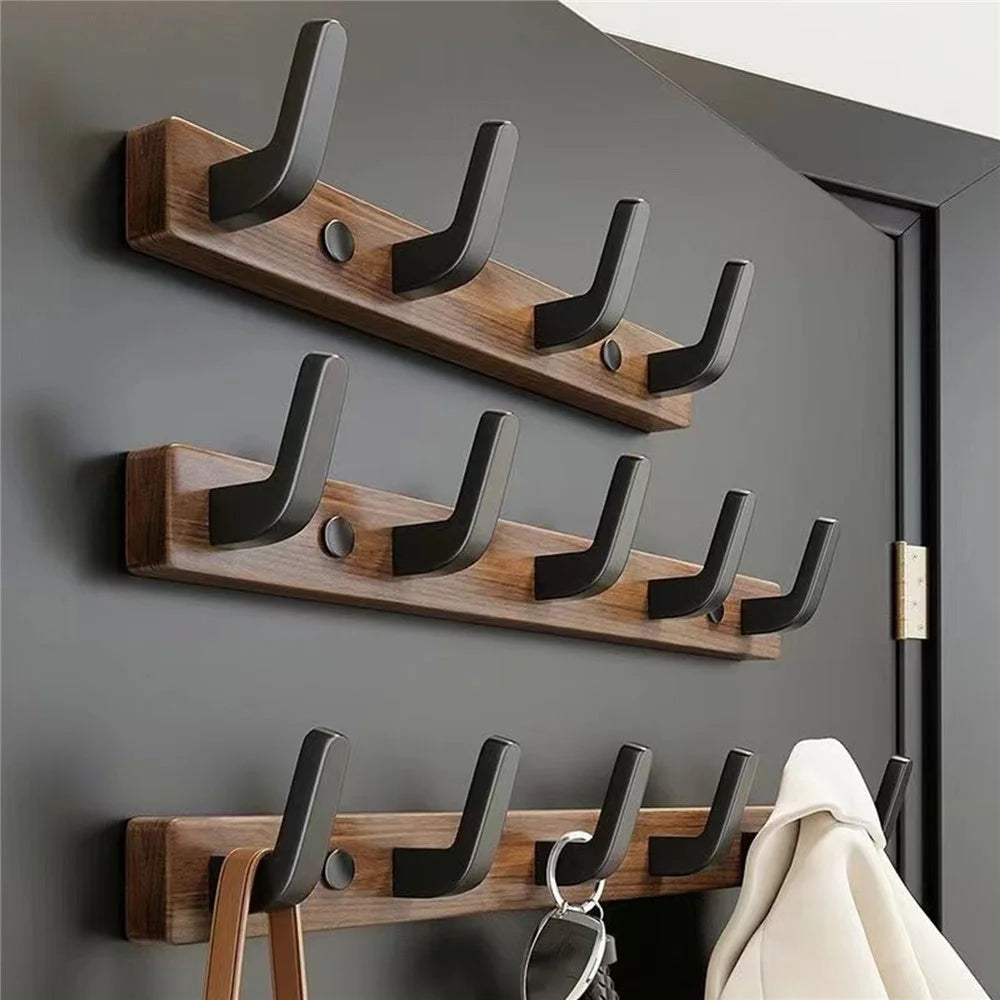 7-Hook Space Aluminum + Solid Wood Wall Mounted Hanger Rack Drill Free Installation for Bathroom Entryway - Walnut Wood+Black - 2