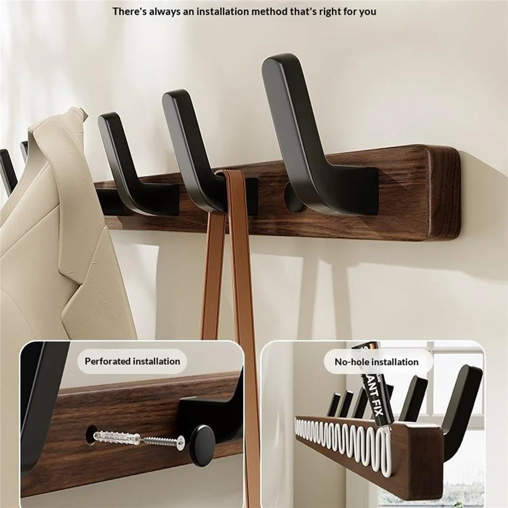 7-Hook Space Aluminum + Solid Wood Wall Mounted Hanger Rack Drill Free Installation for Bathroom Entryway - Walnut Wood+Black - 3
