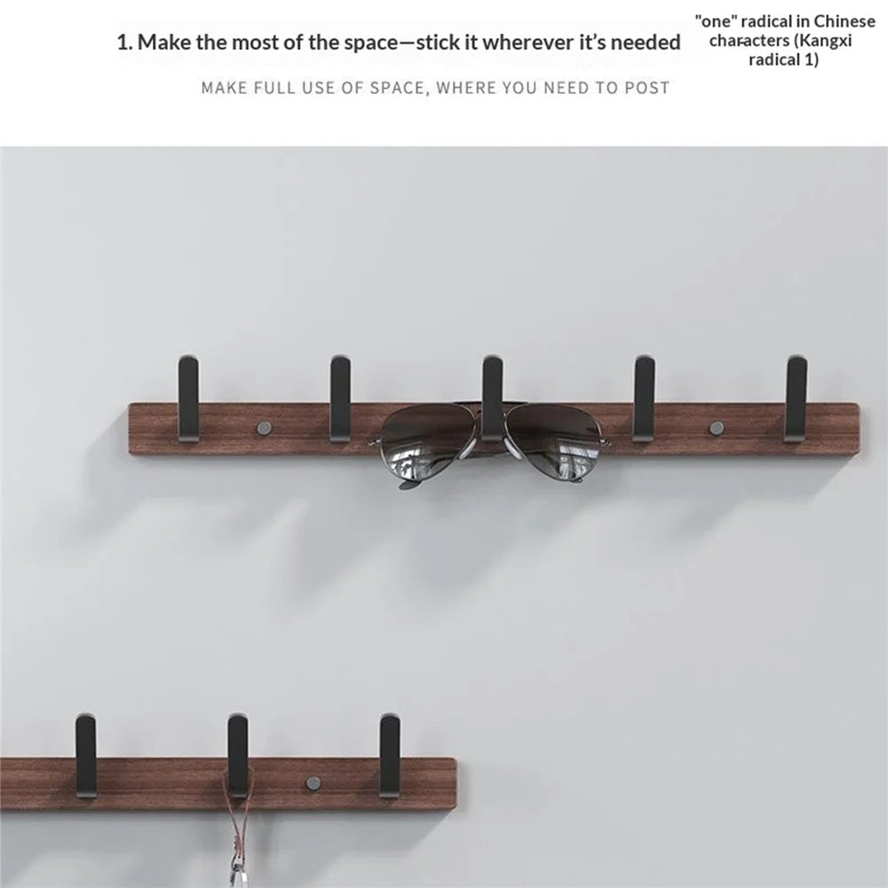7-Hook Space Aluminum + Solid Wood Wall Mounted Hanger Rack Drill Free Installation for Bathroom Entryway - Walnut Wood+Black - 4