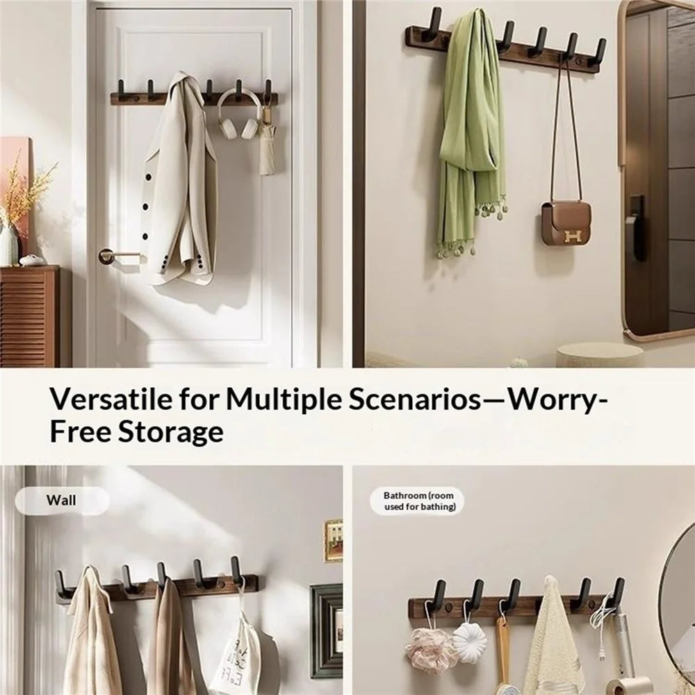 7-Hook Space Aluminum + Solid Wood Wall Mounted Hanger Rack Drill Free Installation for Bathroom Entryway - Walnut Wood+Black - 7