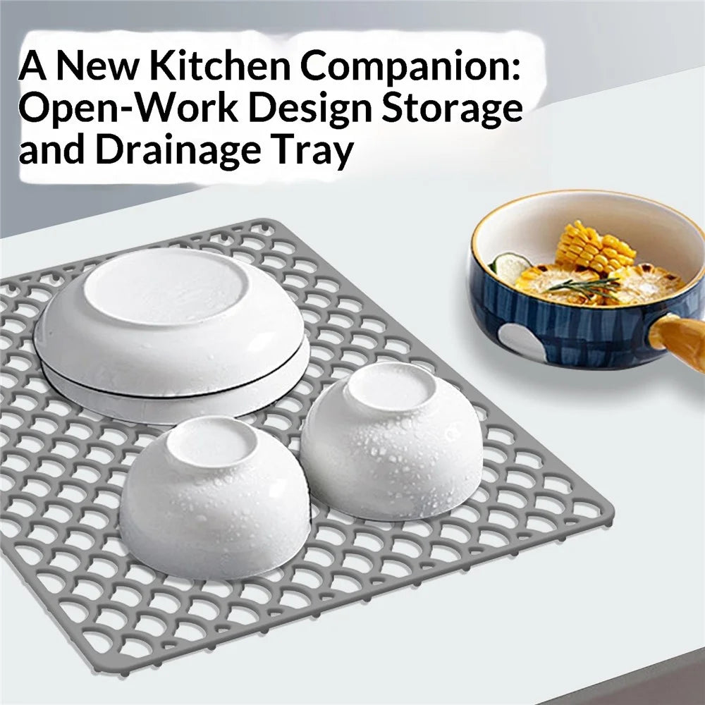 Size L 46x31cm Silicone Kitchen Sink Mat Anti-Slip Heat Resistant Hollow Drain Pad (FDA Certified) - Black - 5