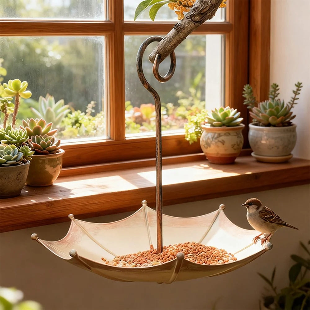 Vintage Umbrella Bird Feeder Iron Hanging Garden Outdoor Bird Food Dish Decorative - Copper-colored - 2