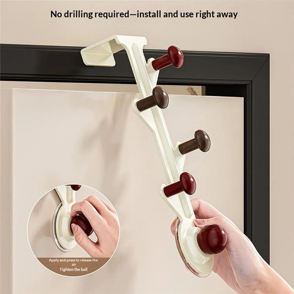 8-Hook Over Door Hanger Rack No Drilling Suction Cup Mount Storage Organizer - Creamy White + Red - 2