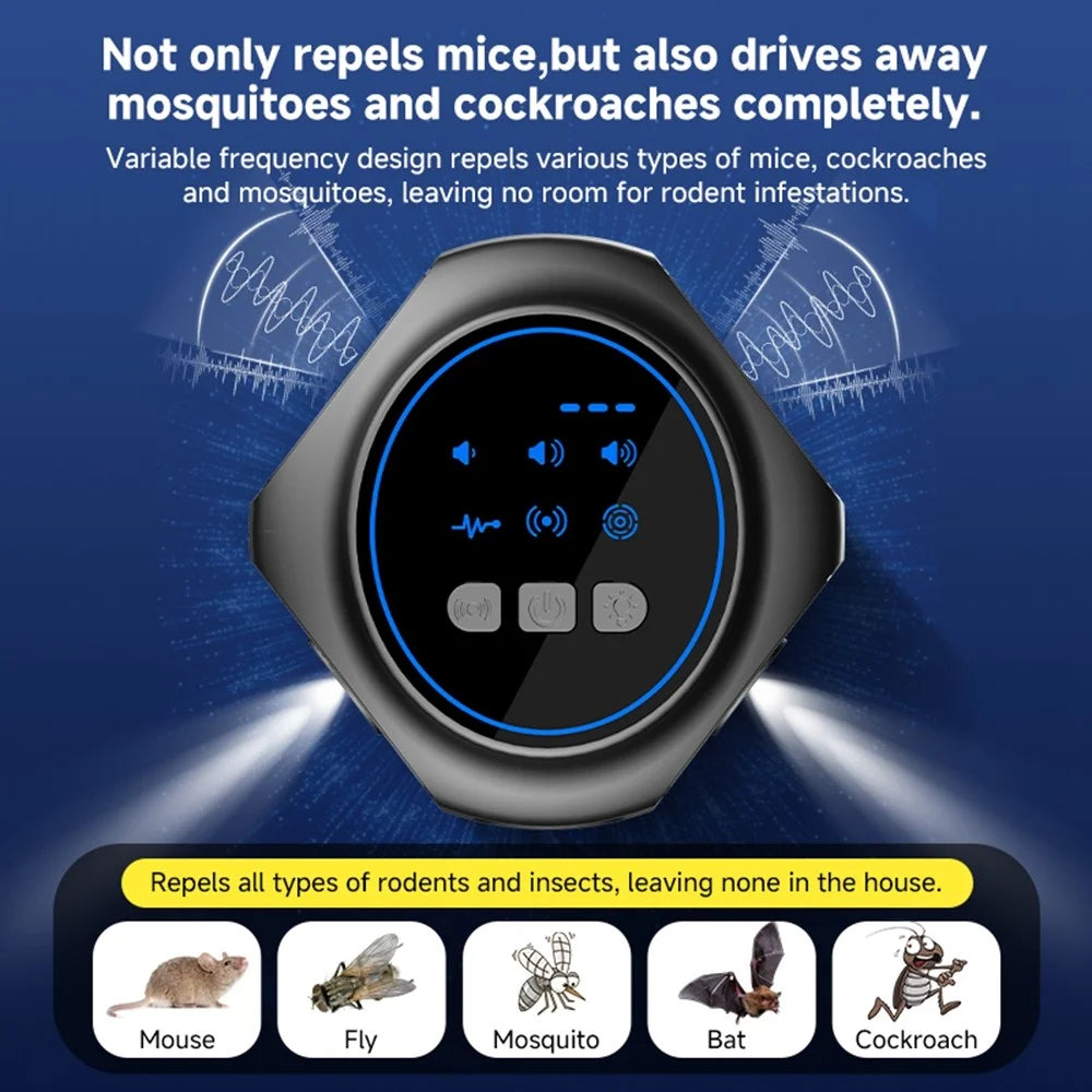D803 Ultrasonic Pest Repeller 1kHz-65kHz Variable Frequency Strobe Light Rodent Insect Repellent - Black / USB - 6