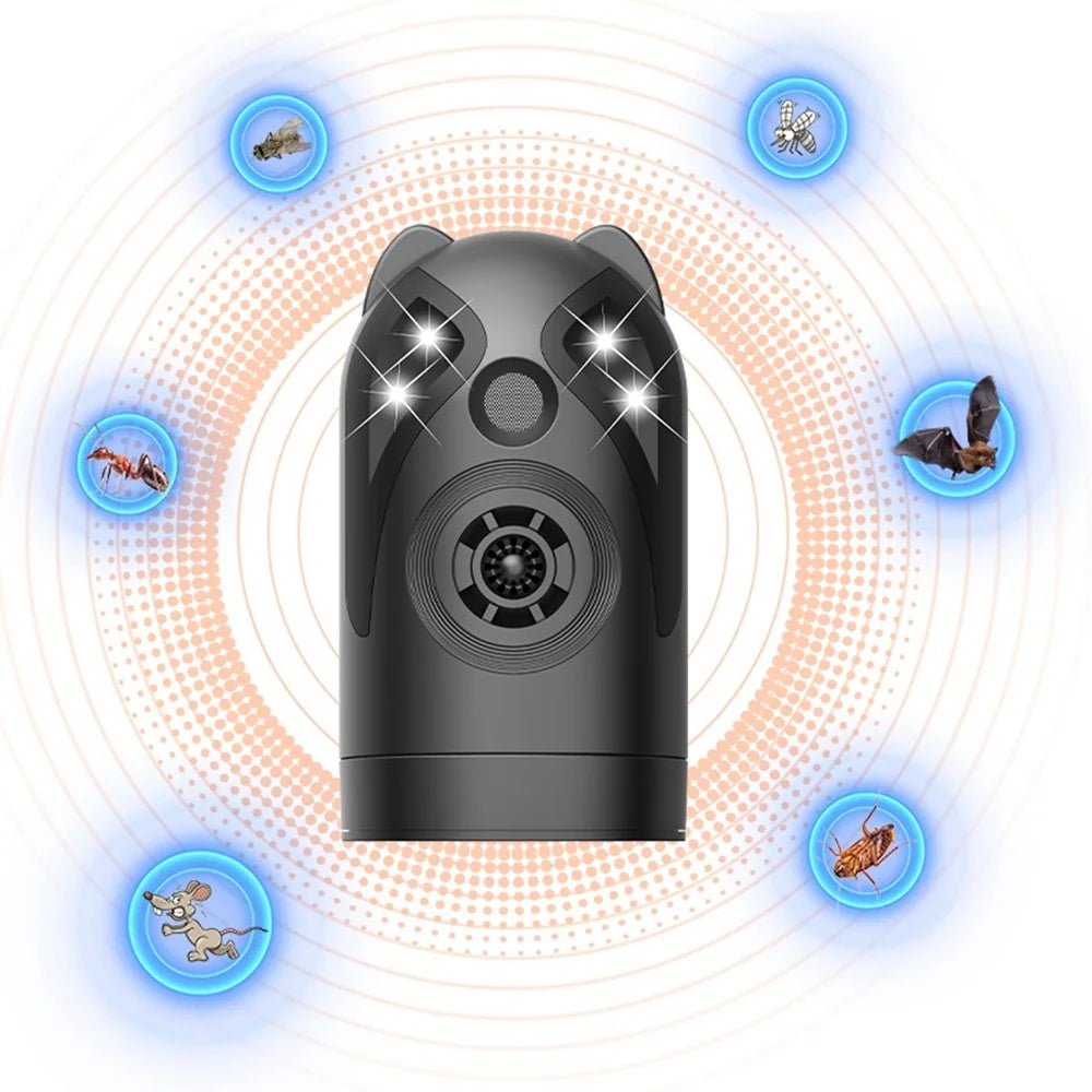 D802 Ultrasonic Pest Repeller 360 Degree Rotating Intelligent Variable Frequency with Light and Sound - Black / USB - 2